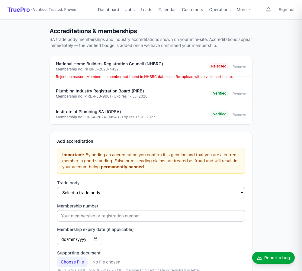 Accreditations & Insurance screenshot