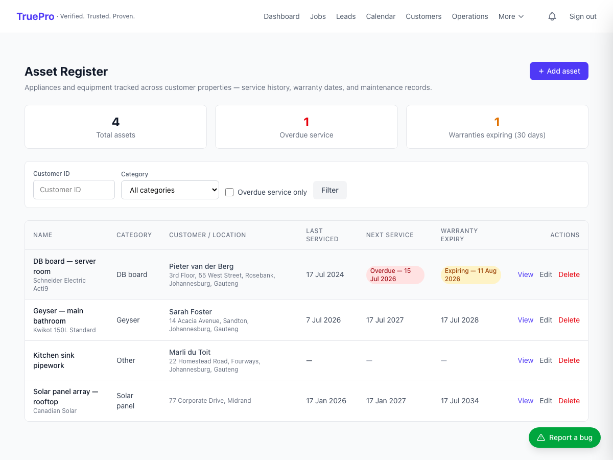 Customer Asset Register screenshot