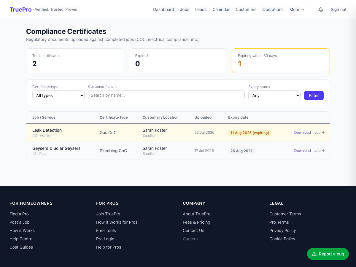 Compliance Certificate Tracking screenshot
