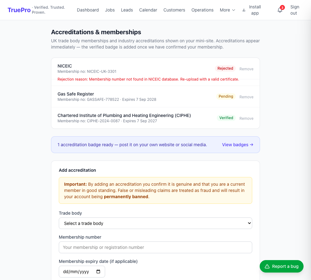 Accreditations & Insurance screenshot