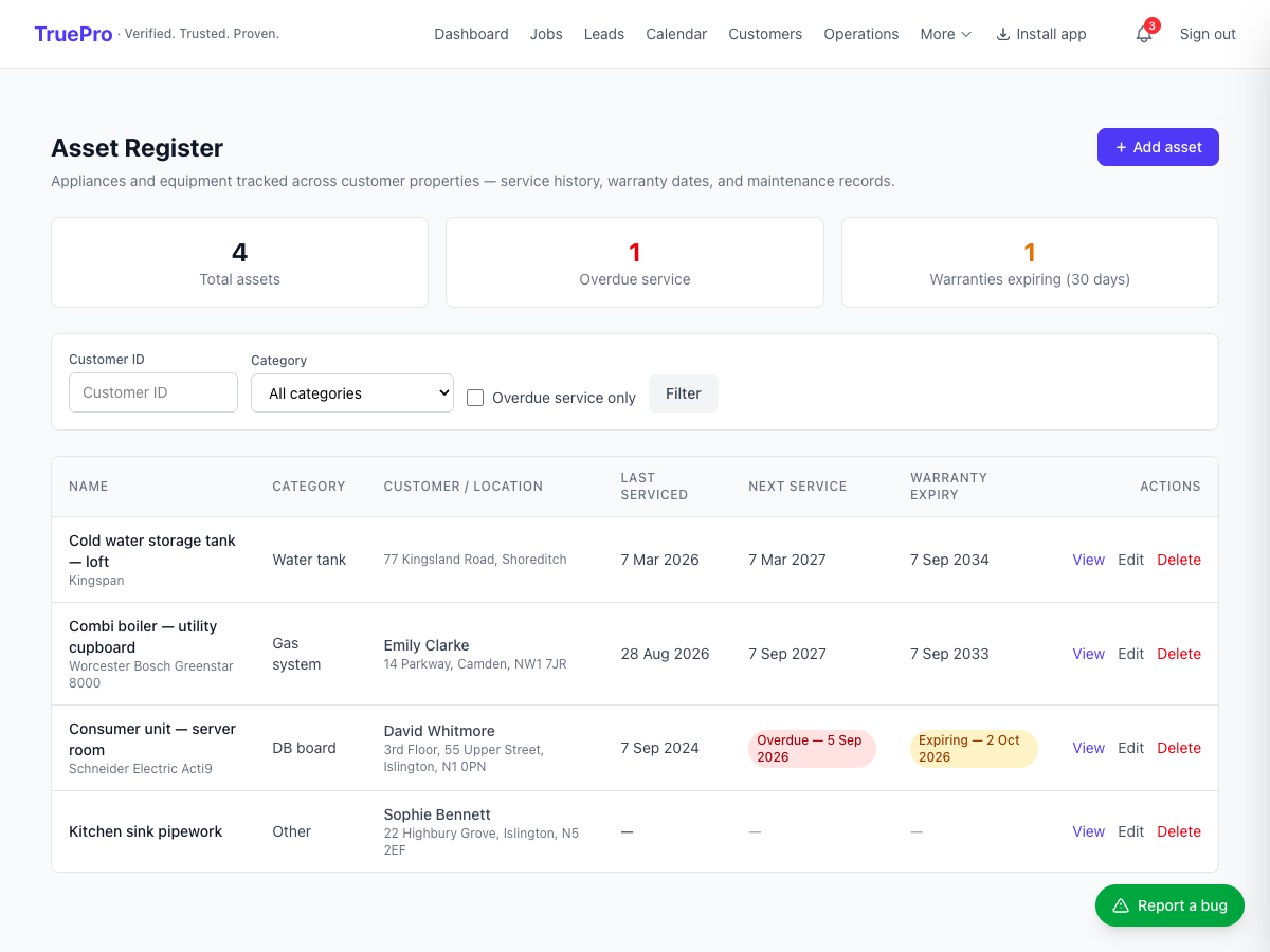 Customer Asset Register screenshot